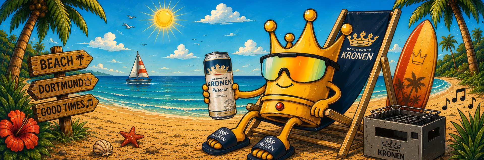Illustration einer Krone die in einem Sonnenstuhl am Strand liegt, mit einer Dose Dortmunder Kronen in der Hand.