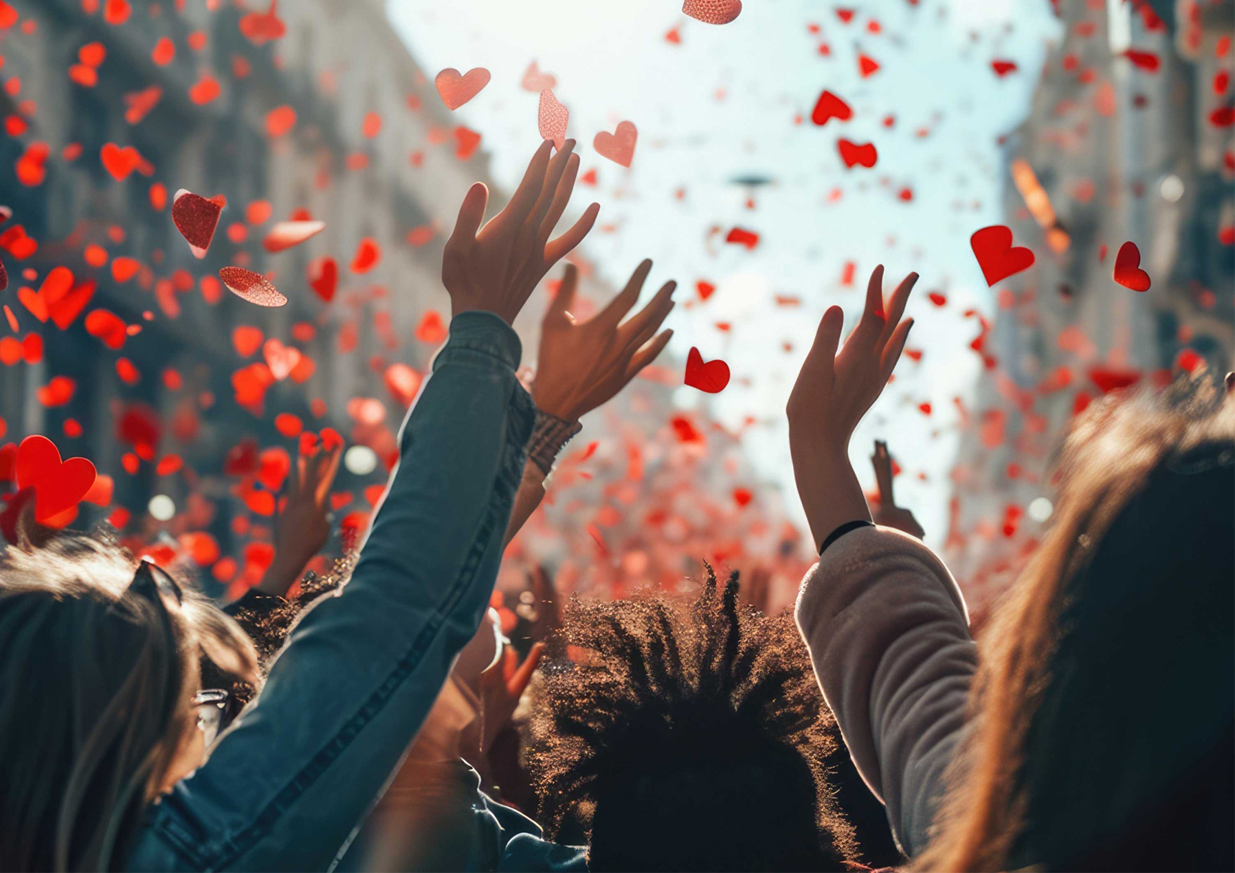 Menschen strecken die Hände in die Luft, von oben fallen Papierherzen herunter. Rechts und links sind Gebäude.