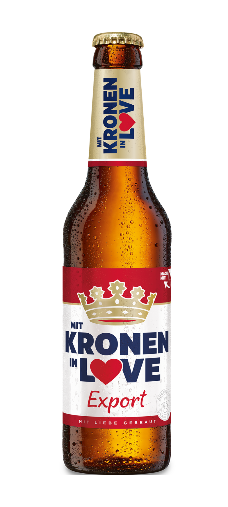 Eine Flasche Bier steht aufrecht, umgeben von Kondenswassertropfen. Das Etikett zeigt goldene und rote Akzente mit der Aufschrift Kronen in Love.