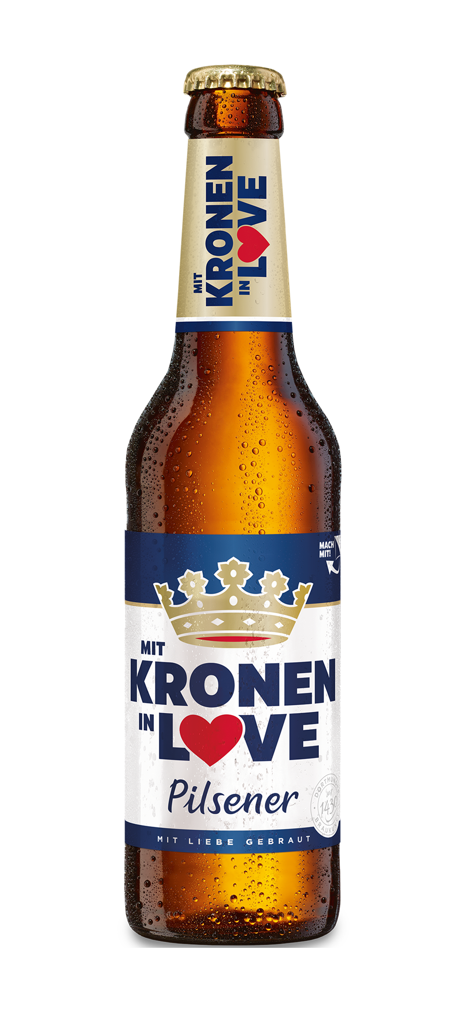 Eine Flasche Bier steht aufrecht, umgeben von Kondenswassertropfen. Das Etikett zeigt goldene und blaue Akzente mit der Aufschrift Kronen in Love.