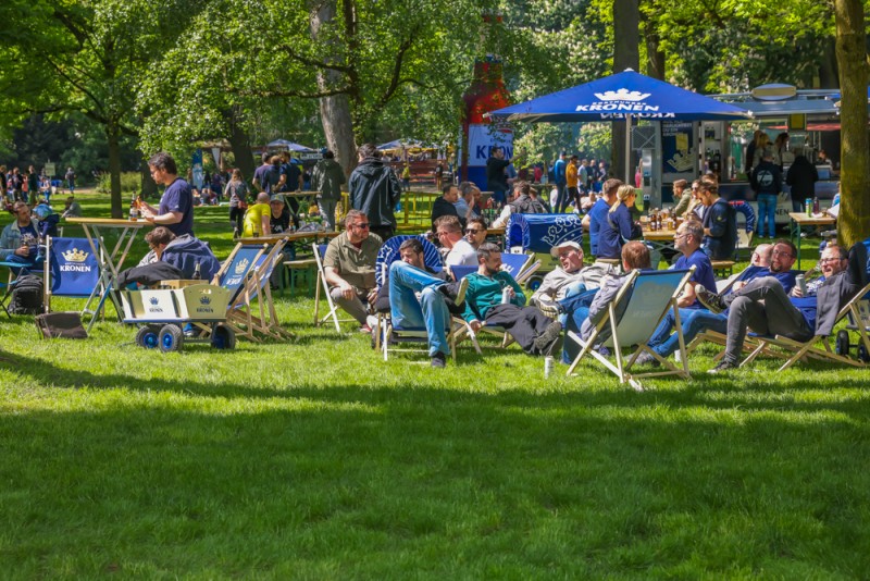 Mehrere Personen entspannen sich in Liegestühlen in einem sonnigen Park.